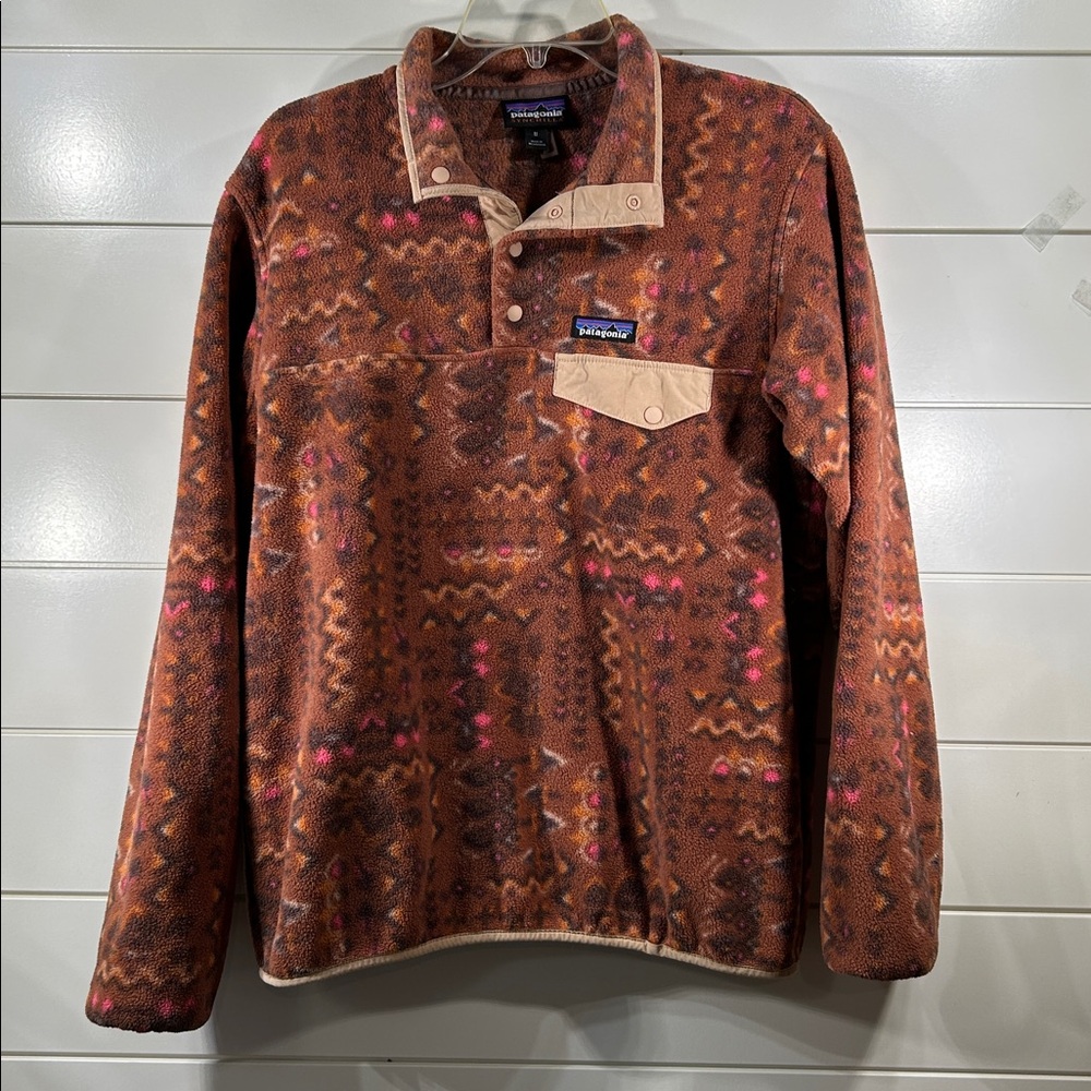 Patagonia Brown Patterned Pullover Fleece with Pink Accents